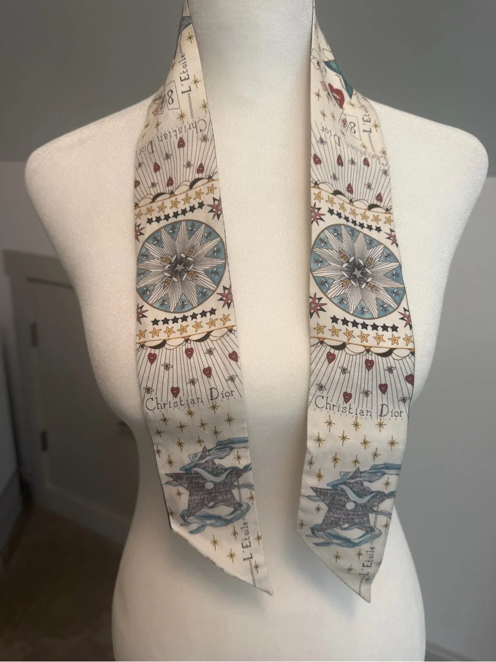 Christian Dior LEtoile Tarot Mitzah Silk Scarf White Yellow Star Skinny w/COA